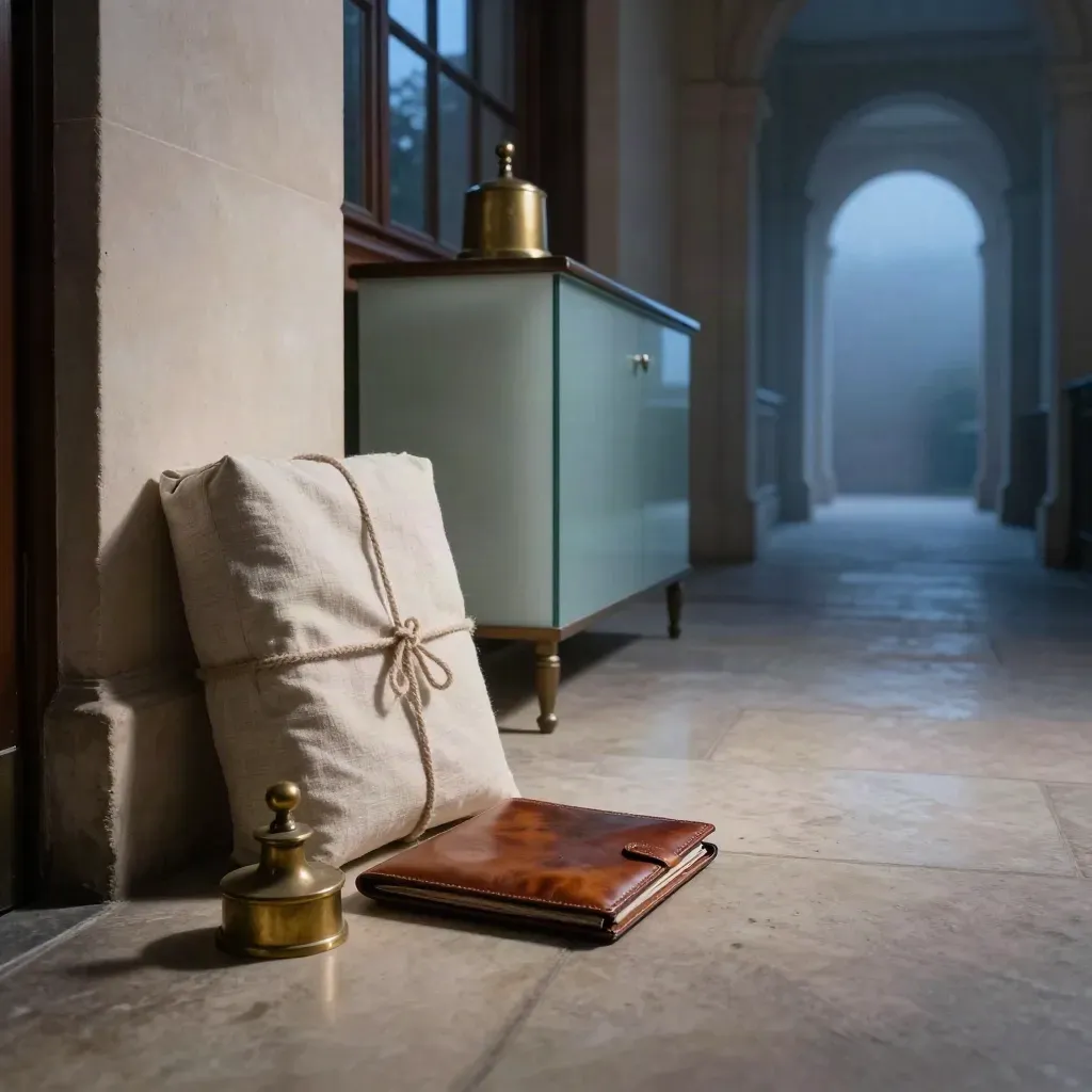 Blue-hour legal office corridor with linen case bundle, brass paperweight and frosted glass sideboard