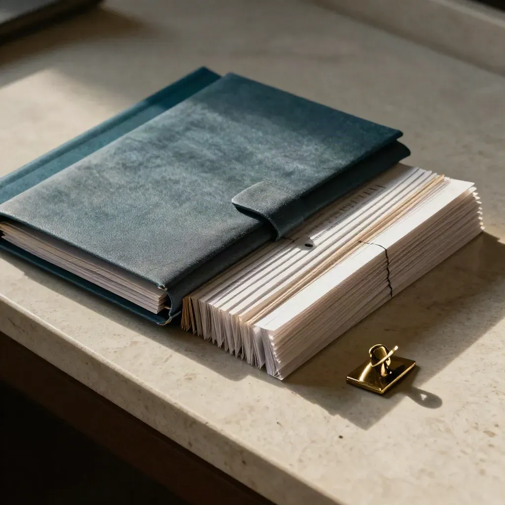 Closed staff handbook, teal folders and dividers on a plaster ledge in late sunlight.