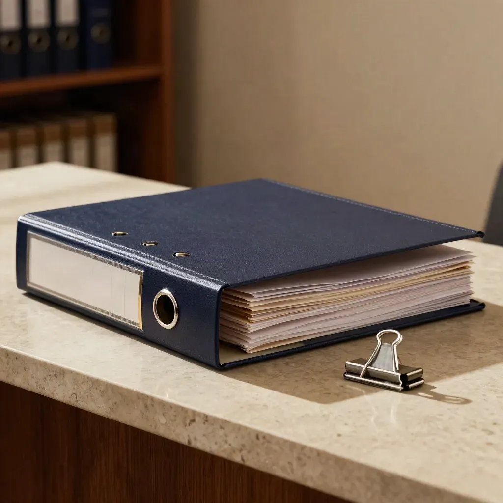 Midnight navy compliance binder with audit puck and tab dividers on pale stone in soft window light