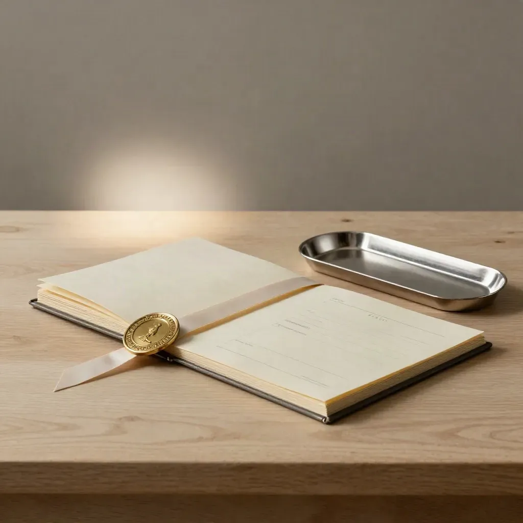 Incorporation pack with brass seal, share sleeves and ribbon on pale oak