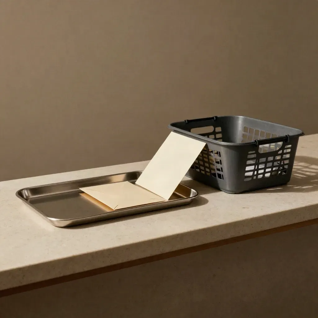 Silver payment tray, sealed envelopes and empty intake basket on pale stone.