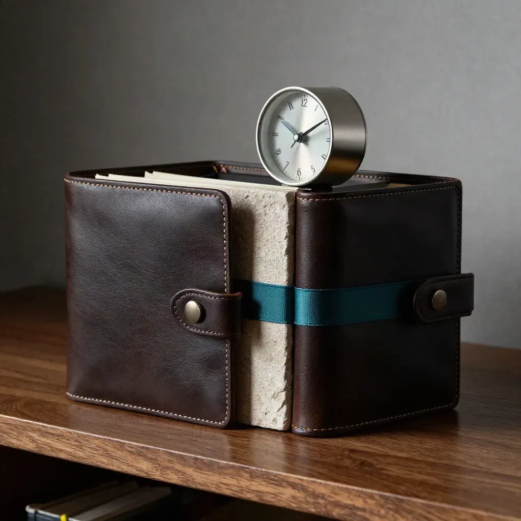 Two legal file wallets against stone with a teal ribbon and desk clock in dramatic low light.