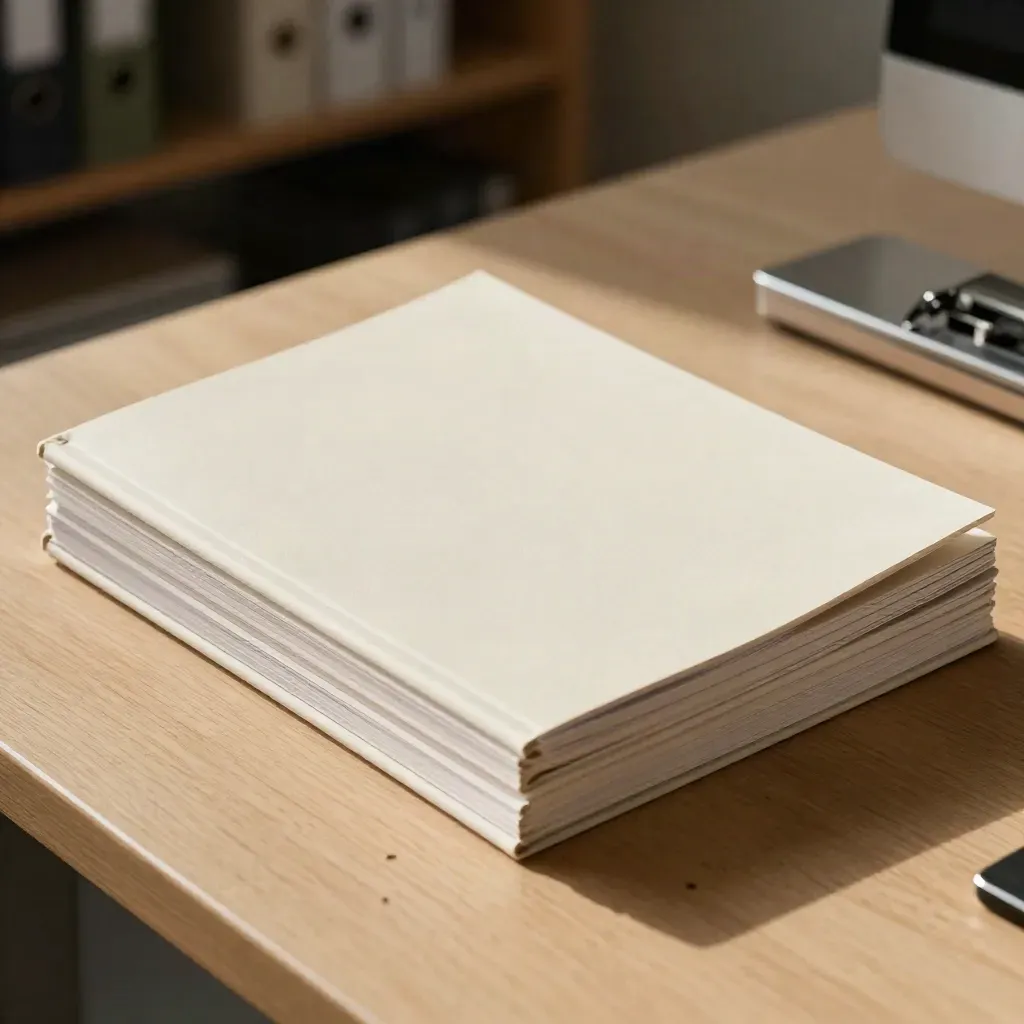 Closed employee handbook with clip and policy dividers on a pale oak surface, seen from above.