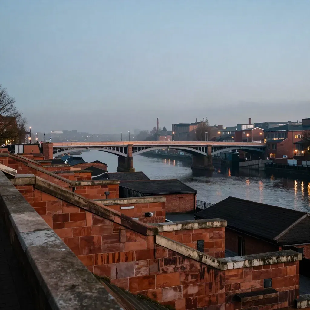 Birmingham skyline at blue hour with red sandstone bridges over misty canal calm